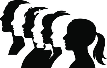 Silhouette side profiles of diverse people group, human head shapes lineup illustration, community crowd faces graphic art