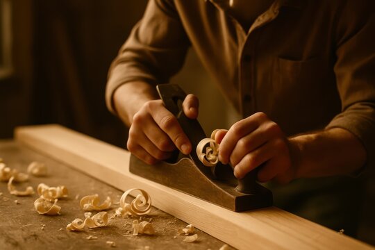 A man is using a hand plane to shave wood