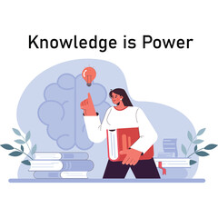 Person holding books pointing up with idea bulb above brain graphic symbolizing knowledge power education and inspiration with flat design elements