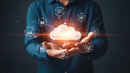 Businessman demonstrating secure cloud computing network and data storage, highlighting digital transformation, innovation, and global connectivity for modern business solutions - Powered by Adobe