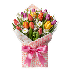 Bright Bouquet of Spring Flowers Wrapped in Decorative Paper