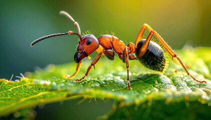 A detailed macro photograph captures a vibrant red ant with segmented legs and antennae, positioned on a textured green leaf.