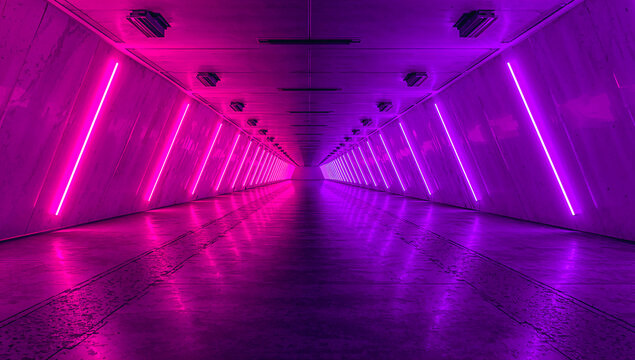 Futuristic tunnel with neon lights in shades of pink and purple, creating a vibrant atmosphere