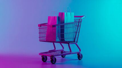Shopping Cart Filled with Colorful Shopping Bags Under Neon Pink and Cyan Lighting shopping trolley
