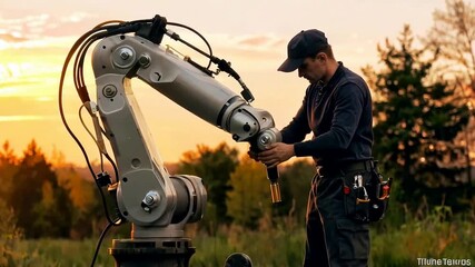 Engineer Working on Robotic Arm in Outdoor Setting at Sunset.