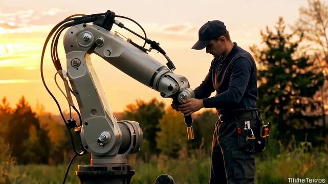 Engineer Working on Robotic Arm in Outdoor Setting at Sunset.