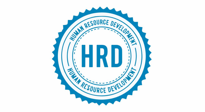 Human Resource Development HRD blue seal badge vector isolated on white background
