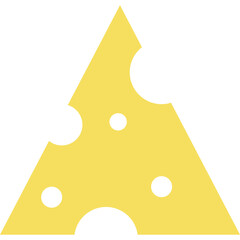 Stylized yellow cheese triangle with irregular holes on a transparent background representing a...