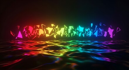 A luminous spectrum of fractured shards hovers above undulating, vibrant, reflective surfaces