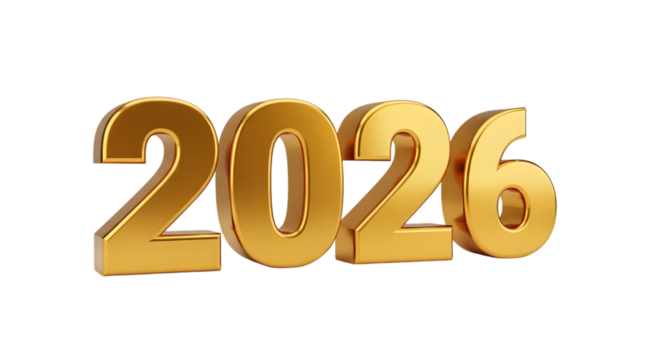 Golden 3d number 2026 isolated on transparent background