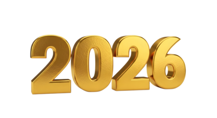 Golden 3d numbers 2026 isolated on transparent background
