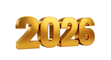 Golden 3d numbers 2026 isolated on transparent background