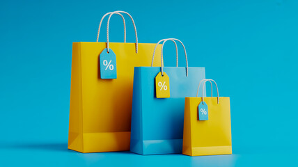 Three Shopping Bags in Varying Sizes with Percentage Tags on a Blue Background retail sale