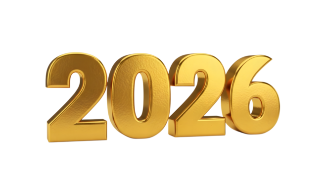 Golden 3d numbers 2026 isolated on transparent background