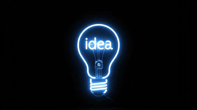 A neon blue lightbulb silhouette displays "idea" on a black background