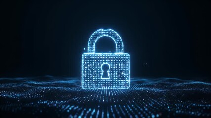 Digital padlock icon made of glowing blue particles representing cybersecurity and data protection on a dark background with a wavy digital surface. - Powered by Adobe