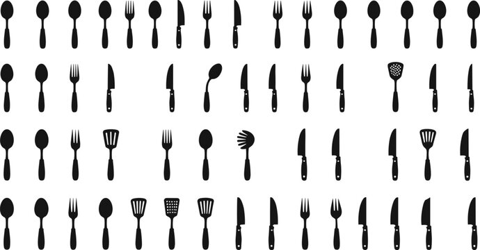 Kitchen cutlery silhouette cartoon illustration, symbolic cooking tools and expressive culinary icons for design and education