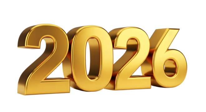 Golden 3d numbers 2026 isolated on transparent background