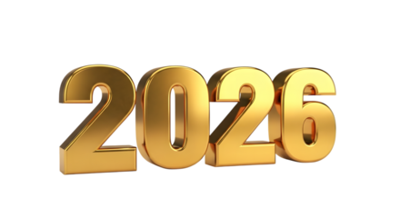Golden 3d number 2026 isolated on transparent background