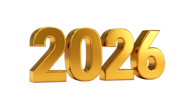 Golden 3d numbers 2026 isolated on transparent background