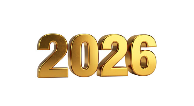 Golden 3d numbers 2026 isolated on transparent background - Powered by Adobe