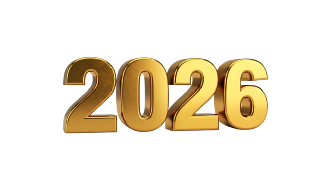 Golden 3d numbers 2026 isolated on transparent background