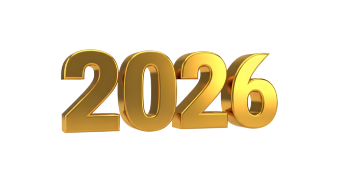 Golden 3d number 2026 isolated on transparent background