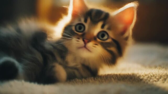 Adorable fluffy tabby kitten with bright blue eyes lying on a soft blanket in warm light.
