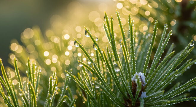 Dew Drops on Pine Needles in Golden Morning Light A Close-Up of Nature's Sparkle - Powered by Adobe