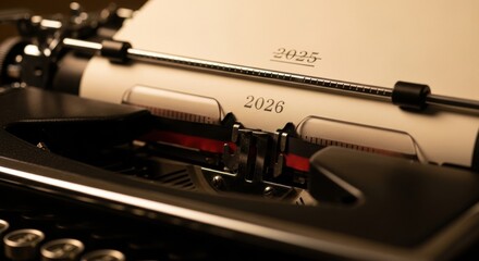 Close-up of a vintage typewriter with 2025 underlined and 2026 typed below it