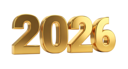 Golden 3d numbers 2026 isolated on transparent background