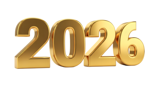 Golden 3d numbers 2026 isolated on transparent background - Powered by Adobe
