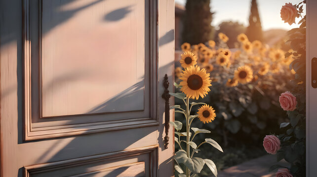 Beautiful sunflower garden seen through an open door. This nature background perfect for adding positive messages to inspire hope and new beginnings in warm light