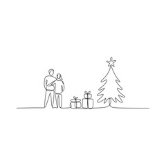 Minimalist line art of a family and christmas tree with gifts
