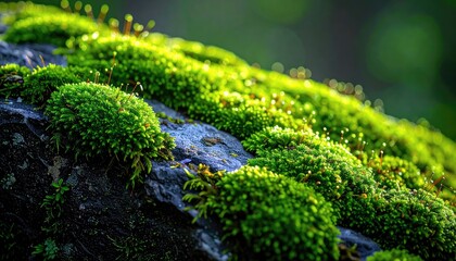 Vibrant green moss blankets a dark, textured rock surface, with tiny spore capsules dotting the lush growth.
