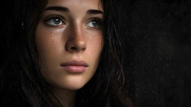 A young woman with water droplets on her face looks out a window during a rainy day