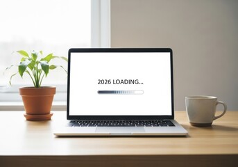 Laptop screen displaying a '2026 LOADING...' progress bar, set on a wooden desk with a plant and mug