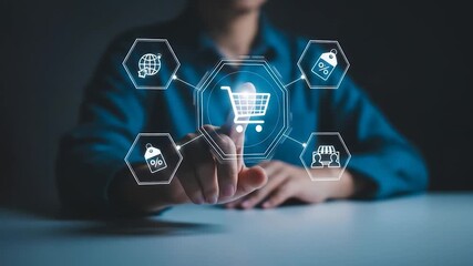 Futuristic online shopping experience with a person interacting with a virtual shopping cart and e-commerce icons, symbolizing digital retail innovation and seamless customer journey