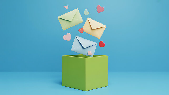 Delightful surprise envelopes and hearts spill from an open box creating a festive, joyful, and celebratory moment