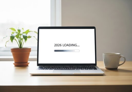 Laptop screen displaying a '2026 LOADING...' progress bar, set on a wooden desk with a plant and mug