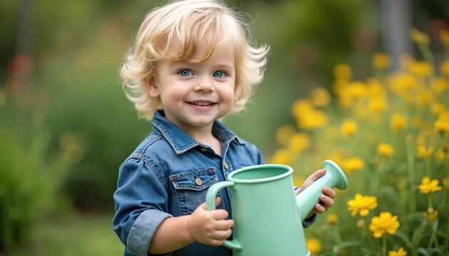 Cute toddler boy with watering can smiles in garden. Little child helps with plants in yard. Happy kid learns about nature in summer outdoor setting.
