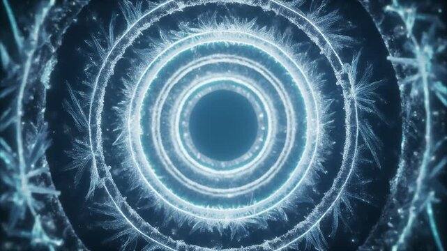 Abstract Ice Tunnel Animation - Frozen Crystal Rings - Winter Background. Abstract animation of a frozen tunnel with ice crystals and rings. Perfect for winter, Christmas, or fantasy projects. Blue.
