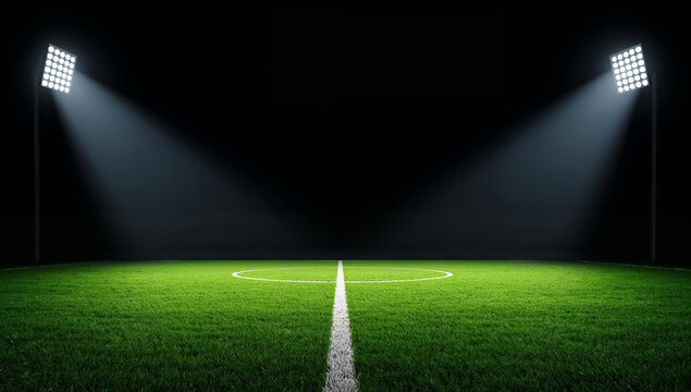 Soccer field illuminated by stadium lights at night, ready for a match