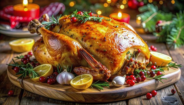 A beautifully presented roasted turkey as the centerpiece of a festive Christmas dinner table