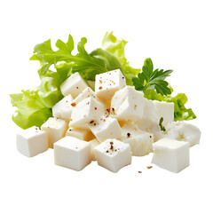 Fresh Feta Cheese Cubes isolated on transparent background