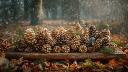 Wooden board adorned with blooming pine cones, nature's seasonal change