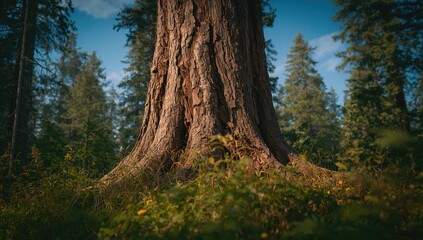 Wounded Tree Trunk Marked by Scars Amidst Forest and Sky, Erosion Risk