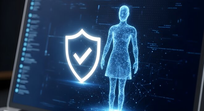 Digital human figure and shield hologram on screen representing data security and protection.