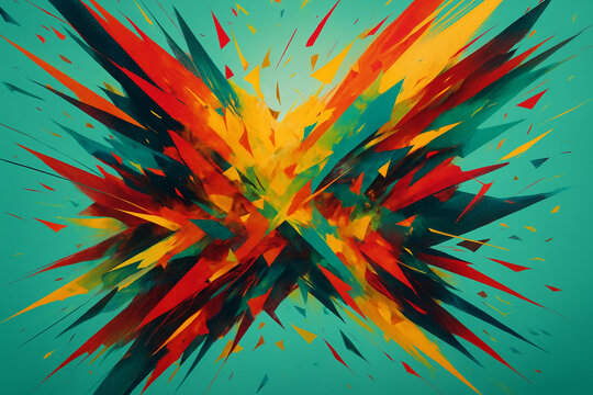 AI generated abstract artwork with dynamic sharp strokes vibrant red yellow green and teal fragments bursting with energy movement and creative chaos on a soft turquoise background - Powered by Adobe