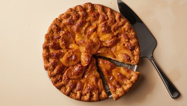 Whole apple pie from above, a slice removed with a chrome cake server, pastry texture and homemade appeal